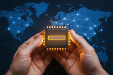 Collaboration and innovation drive global connectivity as hands present a glowing chip symbolizing technology outsourcing