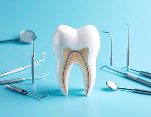 Dental model and tools on a blue surface