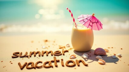  pina colada refreshing tropical drink with summer background with written text on sand and sunny beach vibe 