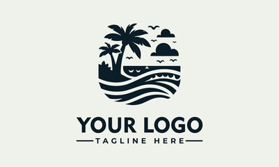 A stylized black and white logo depicting a tropical beach scene.