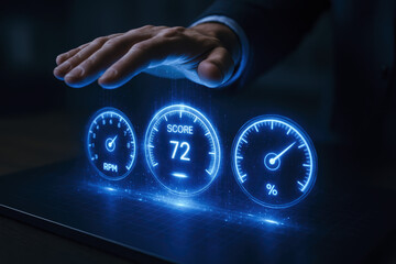 A interacts with a holographic dashboard displaying performance metrics symbolizing data-driven decision making and operational efficiency in business