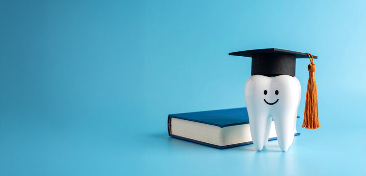 歯科大学を卒業している歯のキャラクター（A tooth character graduating from dental school.）
