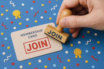 Engaging collaboration and connection are symbolized by stamping a membership card reflecting and commitment in professional networks