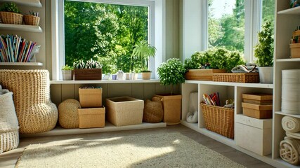 Bright and inviting room filled with plants, organized storage, and a cozy atmosphere, perfect for relaxation or creative activities