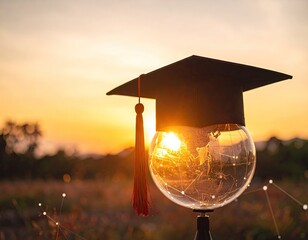 Graduation cap on a globe at sunset (1)