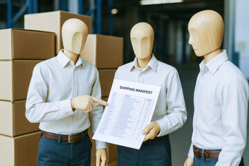 Collaboration and communication drive efficient logistics as wooden figures review a detailed shipping manifest in a warehouse setting