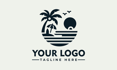 A stylized black and white logo depicting a tropical beach scene.