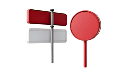 Signage Signals: A minimalist composition of urban signposts in stark reds and silvers. conveying messages with clarity.