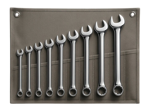 Combination spanner set in a roll-up canvas pouch for a building site.