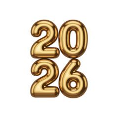 PNG 3d render, photorealistic, gilded, golden, shiny, metallic, numbers 2026, glossy, reflecting, high quality, detailed, cinematic lighting, studio photography
