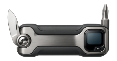 Compact folding tool with a built-in tire pressure gauge for comprehensive roadside assistance.