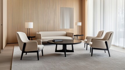 Visually striking product photography, commercial poster of a living room with a Mocha Mousse wall, modern furniture, warm lighting