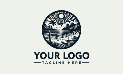 A stylized black and white logo depicting a tropical beach scene.
