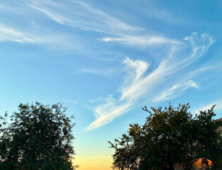 Evening unusual sky at sunset in countryside, landscape outside city. Beauty and tenderness in nature. High quality photo