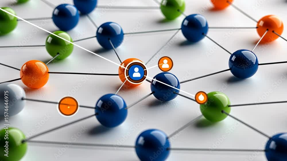 Poster colorful nodes interconnect to illustrate relationships within a network, highlighting interaction p