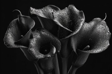 Black roses and calla lilies with dewdrops, placed in deep darkness, evoke sorrow and quiet melancholy.
