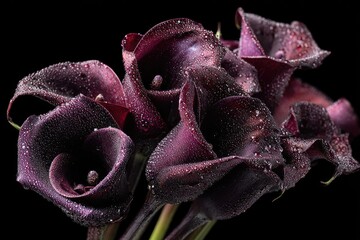 Black roses and calla lilies with dewdrops, placed in deep darkness, evoke sorrow and quiet melancholy.
