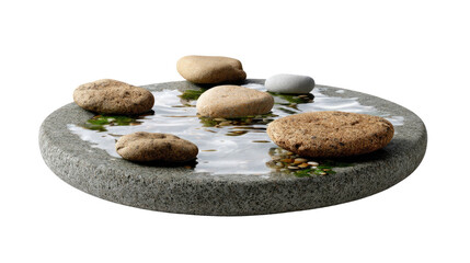Zen Garden Still Life: A serene arrangement of stones and water creates a miniature Zen garden on a textured stone surface. It's a testament to peace and tranquility.
