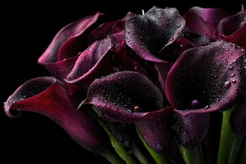 Black roses and calla lilies with dewdrops, placed in deep darkness, evoke sorrow and quiet melancholy.
