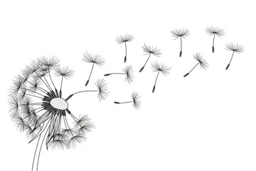 Dandelion seed dispersal art features wispy seeds drifting in the wind, a botanical graphic ideal for spring and nature design projects.