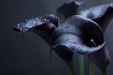 Black roses and calla lilies with dewdrops, placed in deep darkness, evoke sorrow and quiet melancholy.
