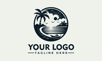 A stylized black and white logo depicting a tropical beach scene.