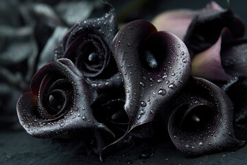 Black roses and calla lilies with dewdrops, placed in deep darkness, evoke sorrow and quiet melancholy.

