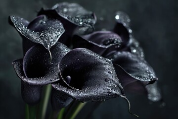 Black roses and calla lilies with dewdrops, placed in deep darkness, evoke sorrow and quiet melancholy.
