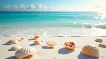 Summer travel background from beach sand with starfish and seashell.