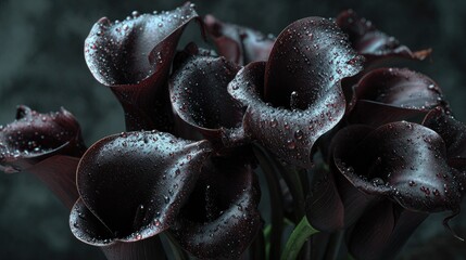 Black roses and calla lilies with dewdrops, placed in deep darkness, evoke sorrow and quiet melancholy.
