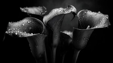 Black roses and calla lilies with dewdrops, placed in deep darkness, evoke sorrow and quiet melancholy.
