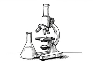 Detailed scientific graphic featuring a microscope and flask, ideal for laboratory or research themes and educational designs.