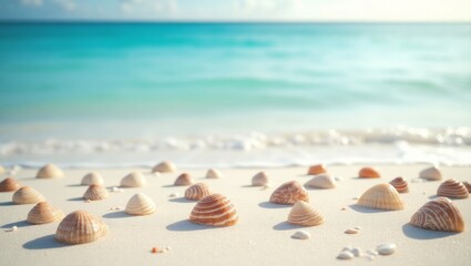 Summer travel background from beach sand with starfish and seashell.