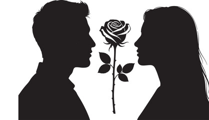 Romantic couple silhouette with rose. Vector illustration of man and woman in love. Concept for romance, dating, relationship, and Valentine's Day