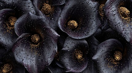 Black roses and calla lilies with dewdrops, placed in deep darkness, evoke sorrow and quiet melancholy.
