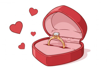 Romantic proposal graphic featuring a diamond ring in a red heart shaped box with floating hearts, perfect for love themed designs.