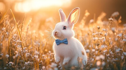 Adorable white rabbit bowtie meadow sunset