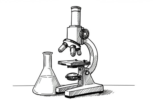 Detailed scientific graphic featuring a microscope and flask, ideal for laboratory or research themes and educational designs.