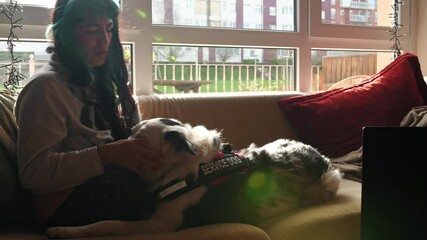 Authentic moments of a neurodivergent young woman interacting with her therapy border collie dog, highlighting the powerful bond between humans and animals