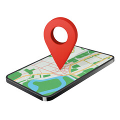 PNG 3d render, smartphone with red map pin icon, mobile gps navigation, digital map app, street map, city landscape, isometric illustration, glossy surface, modern technology
