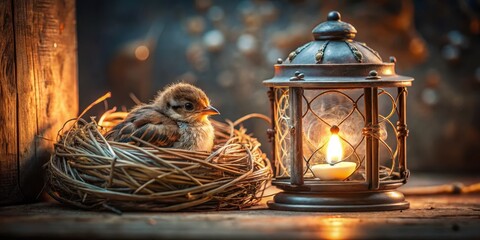 Tiny sparrow chick snuggled in a soft