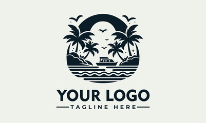A stylized black and white logo depicting a tropical beach scene.