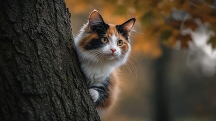 Colorful cat perched on tree trunk in autumn park. Possible use nature, pet, animal, autumn, outdoors