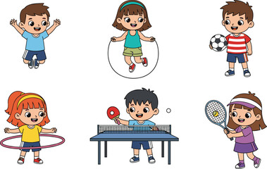 Happy diverse kids enjoying various sports activities: jumping, skipping, playing soccer, hula hooping, table tennis, and tennis – active childhood fun and healthy lifestyle.