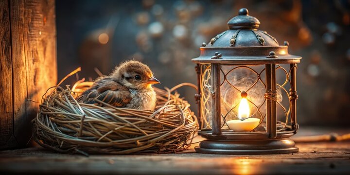 Tiny sparrow chick snuggled in a soft