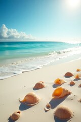 Summer travel background from beach sand with starfish and seashell.