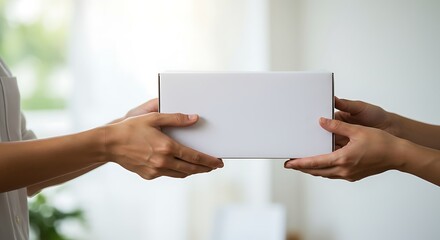 Hands exchanging a blank white box close up for delivery concept