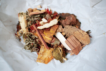 Doctor wrapping Chinese traditional herbal medicine.