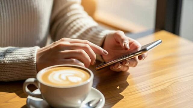 カフェでコーヒーを飲みながらスマートフォンをチェックする女性の手元