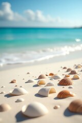 Summer travel background from beach sand with starfish and seashell.